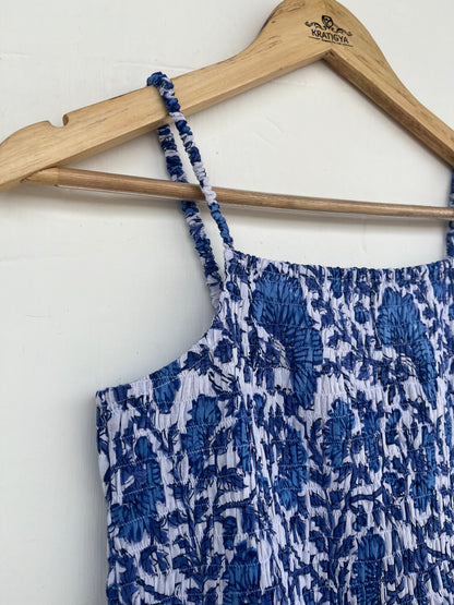 White Blue Sleeveless Shirred Smocked Cotton Maxi Dress, Hand Block Printed Hippie Dress