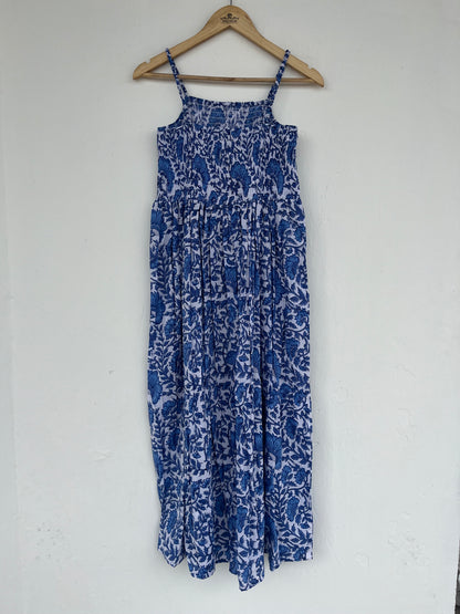 White Blue Sleeveless Shirred Smocked Cotton Maxi Dress, Hand Block Printed Hippie Dress