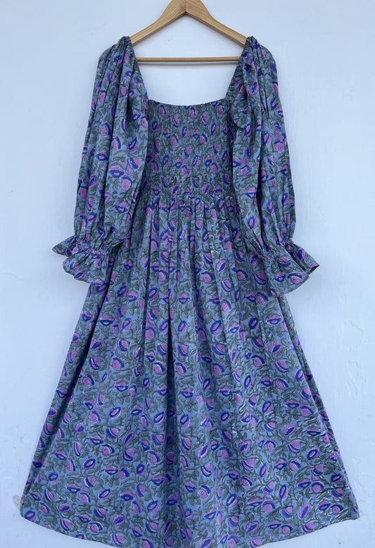 Block Print Handmade Summer Dress | Smocked Bodice Floral Dress for Women