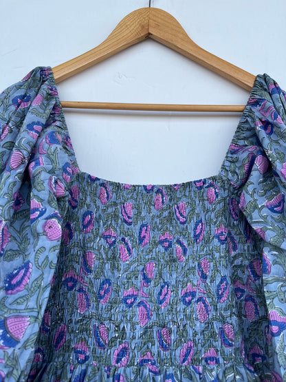 Block Print Handmade Summer Dress | Smocked Bodice Floral Dress for Women