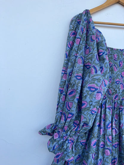 Block Print Handmade Summer Dress | Smocked Bodice Floral Dress for Women