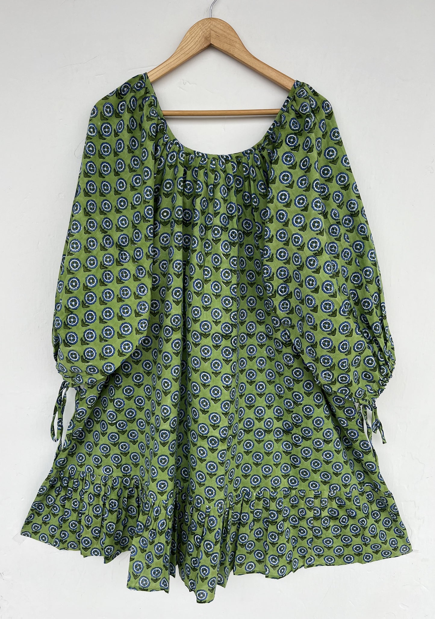 Green Block Print Cotton Short Dress | Bohemian Casual Summer Wear