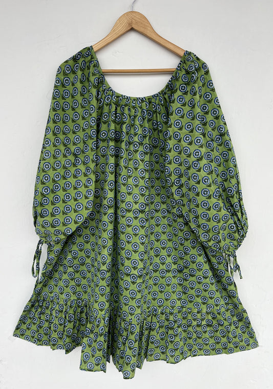 Green Block Print Cotton Short Dress | Bohemian Casual Summer Wear