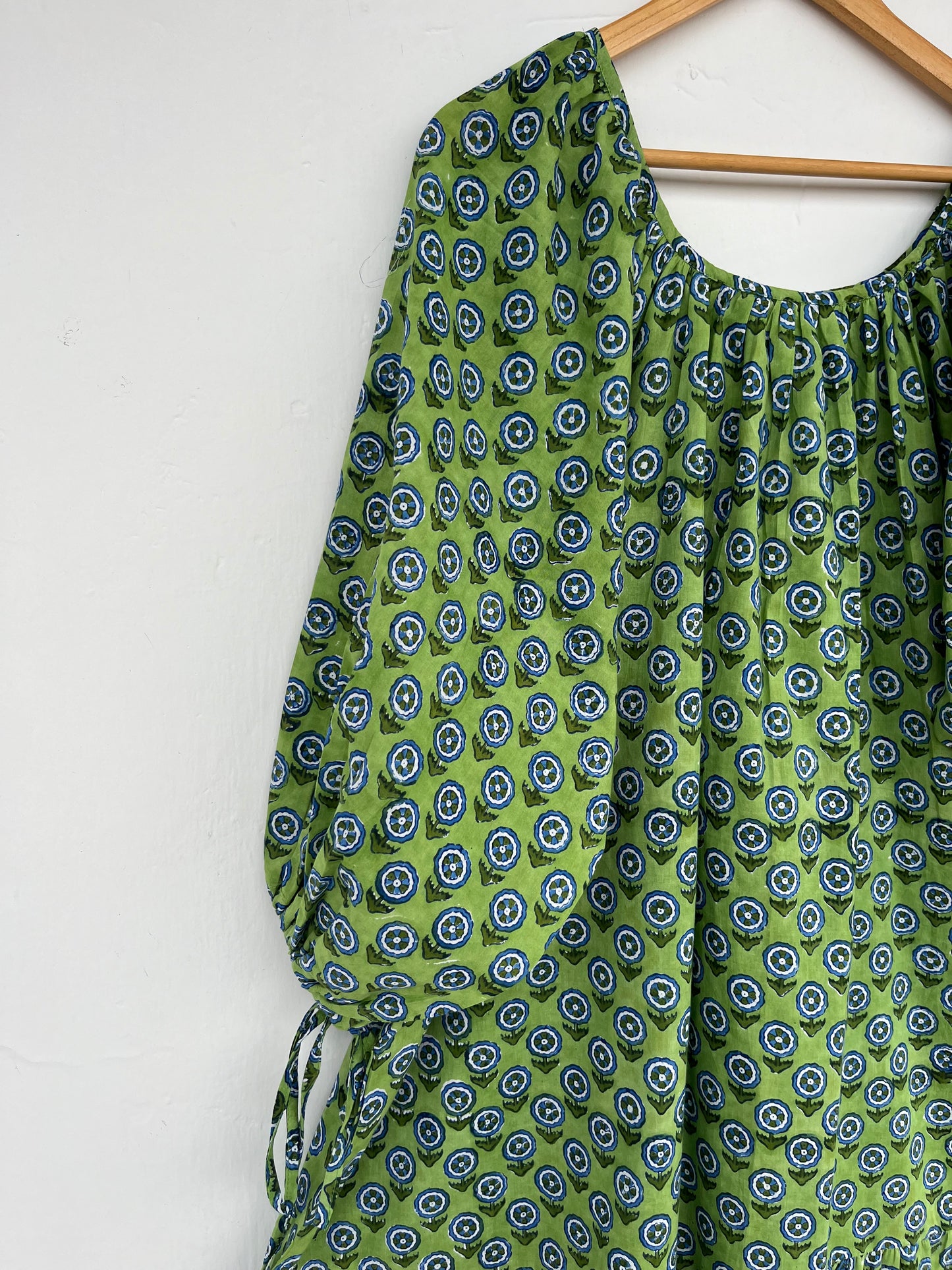 Green Block Print Cotton Short Dress | Bohemian Casual Summer Wear