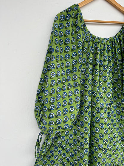 Green Block Print Cotton Short Dress | Bohemian Casual Summer Wear
