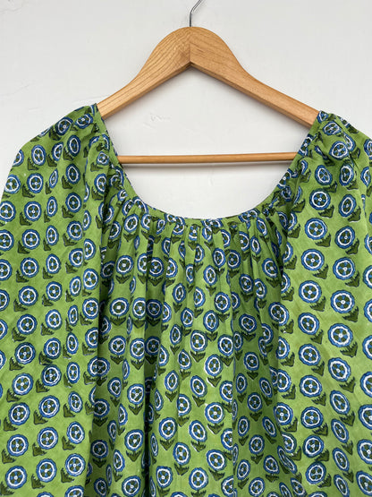 Green Block Print Cotton Short Dress | Bohemian Casual Summer Wear