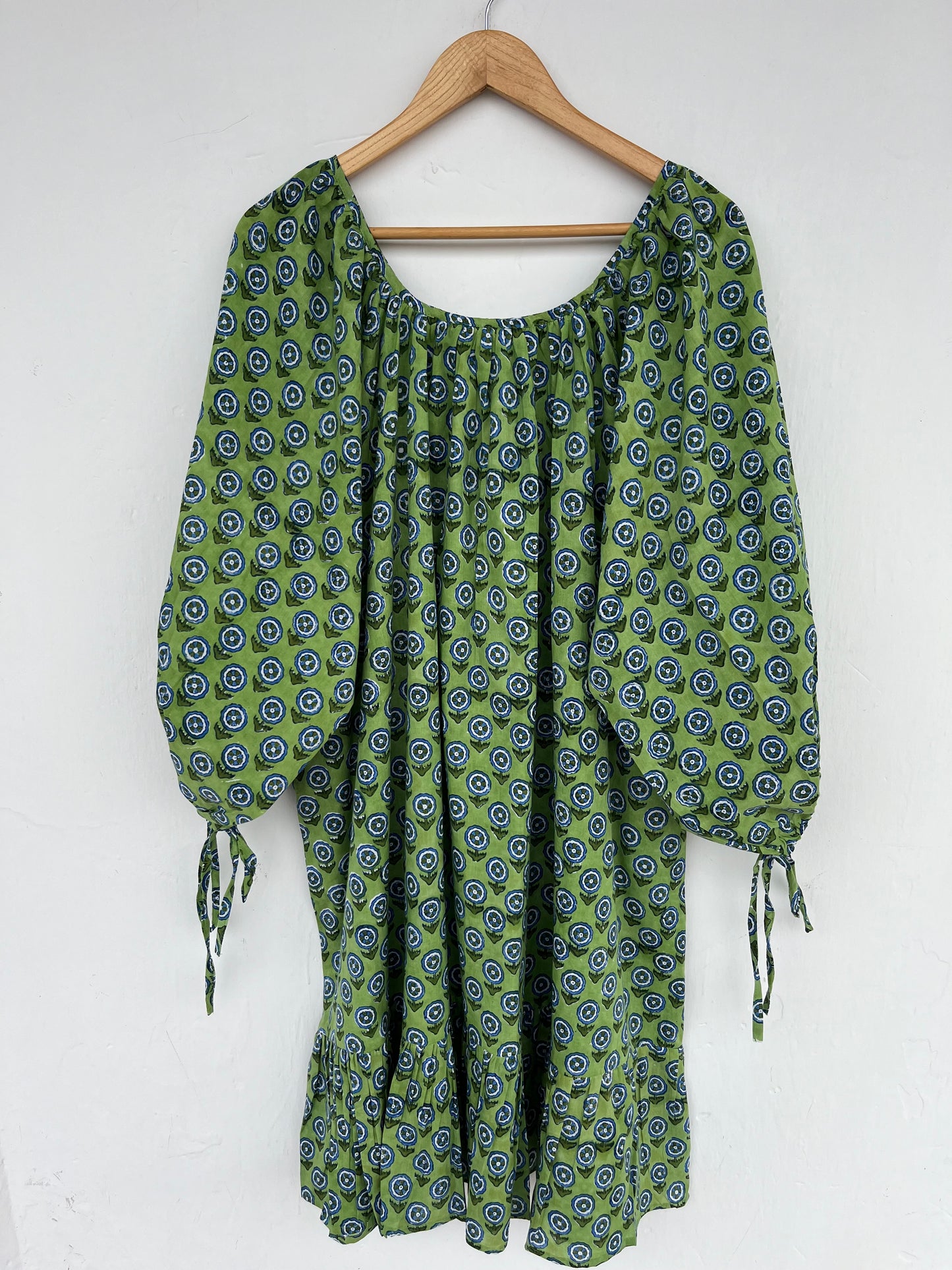 Green Block Print Cotton Short Dress | Bohemian Casual Summer Wear
