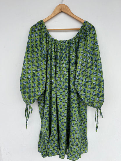 Green Block Print Cotton Short Dress | Bohemian Casual Summer Wear