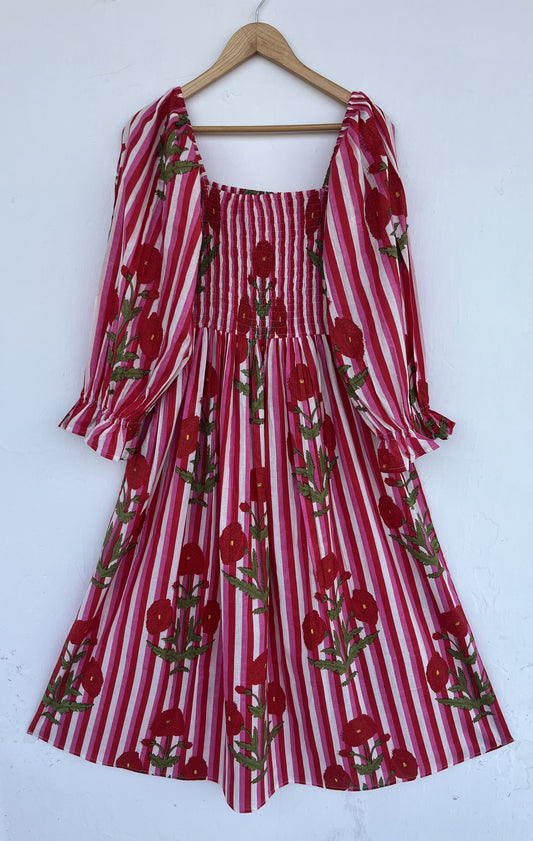 Red Floral Shirred Cotton Maxi Dress | Lightweight Summer Casual Dress