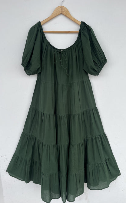 Dark Green Tiered Cotton Long Dress Women | Flared Boho Summer Maxi