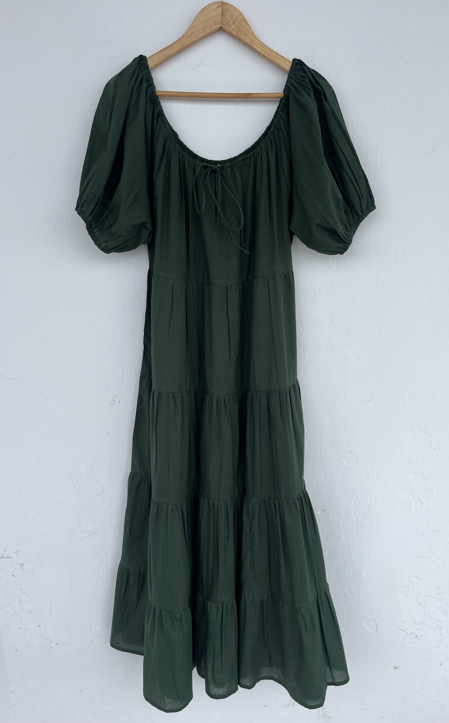 Dark Green Tiered Cotton Long Dress Women | Flared Boho Summer Maxi