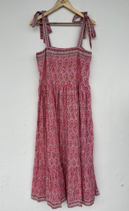 Tie-Up Strap Sleeveless Boho Summer Dress - Pink Floral Vacation Wear