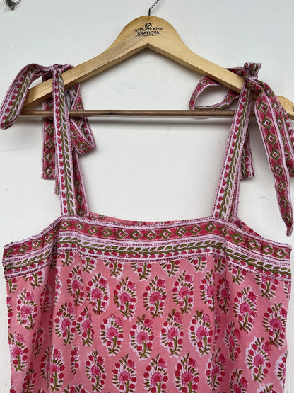 Tie-Up Strap Sleeveless Boho Summer Dress - Pink Floral Vacation Wear