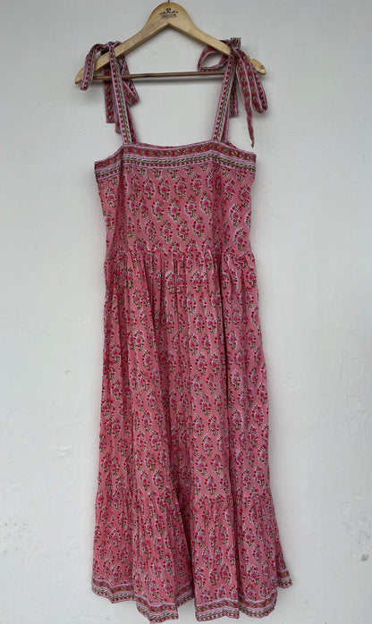 Tie-Up Strap Sleeveless Boho Summer Dress - Pink Floral Vacation Wear