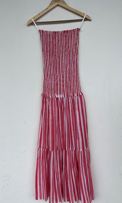 Smocked Bodice Sleeveless Tiered Summer Dress - Striped Cotton Maxi Dress