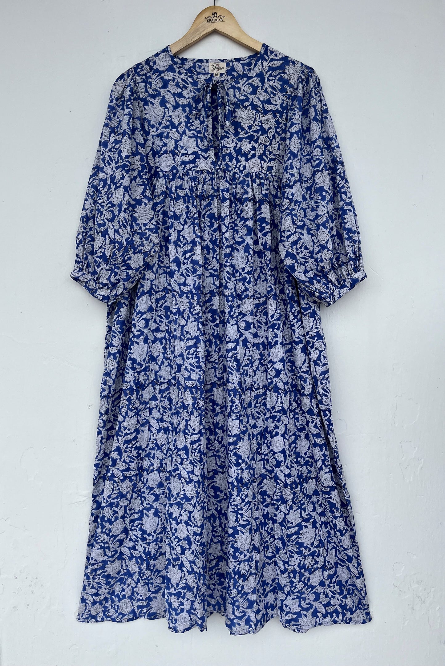 Tie-Neck Relaxed Fit Casual Summer Dress - Blue Floral Long Maxi Dress