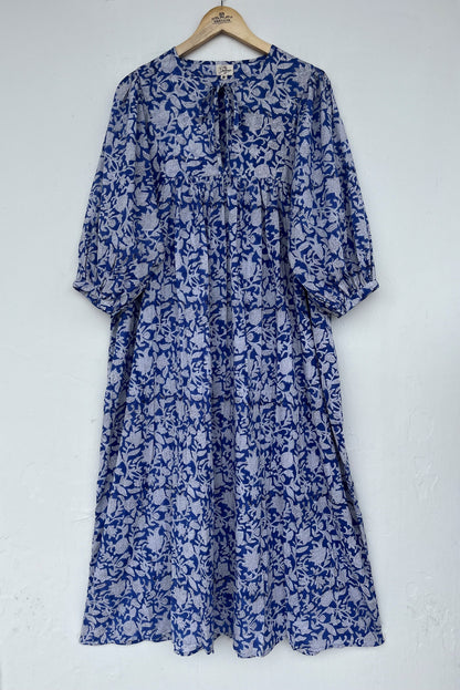 Tie-Neck Relaxed Fit Casual Summer Dress - Blue Floral Long Maxi Dress