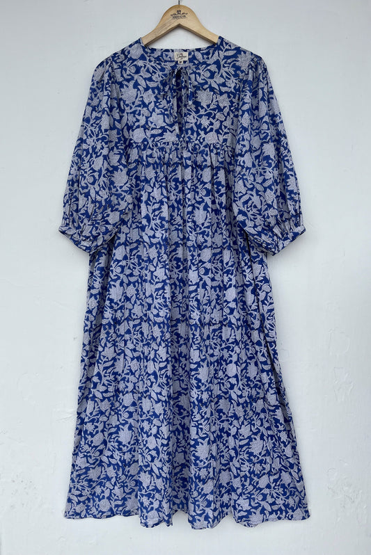 Tie-Neck Relaxed Fit Casual Summer Dress - Blue Floral Long Maxi Dress