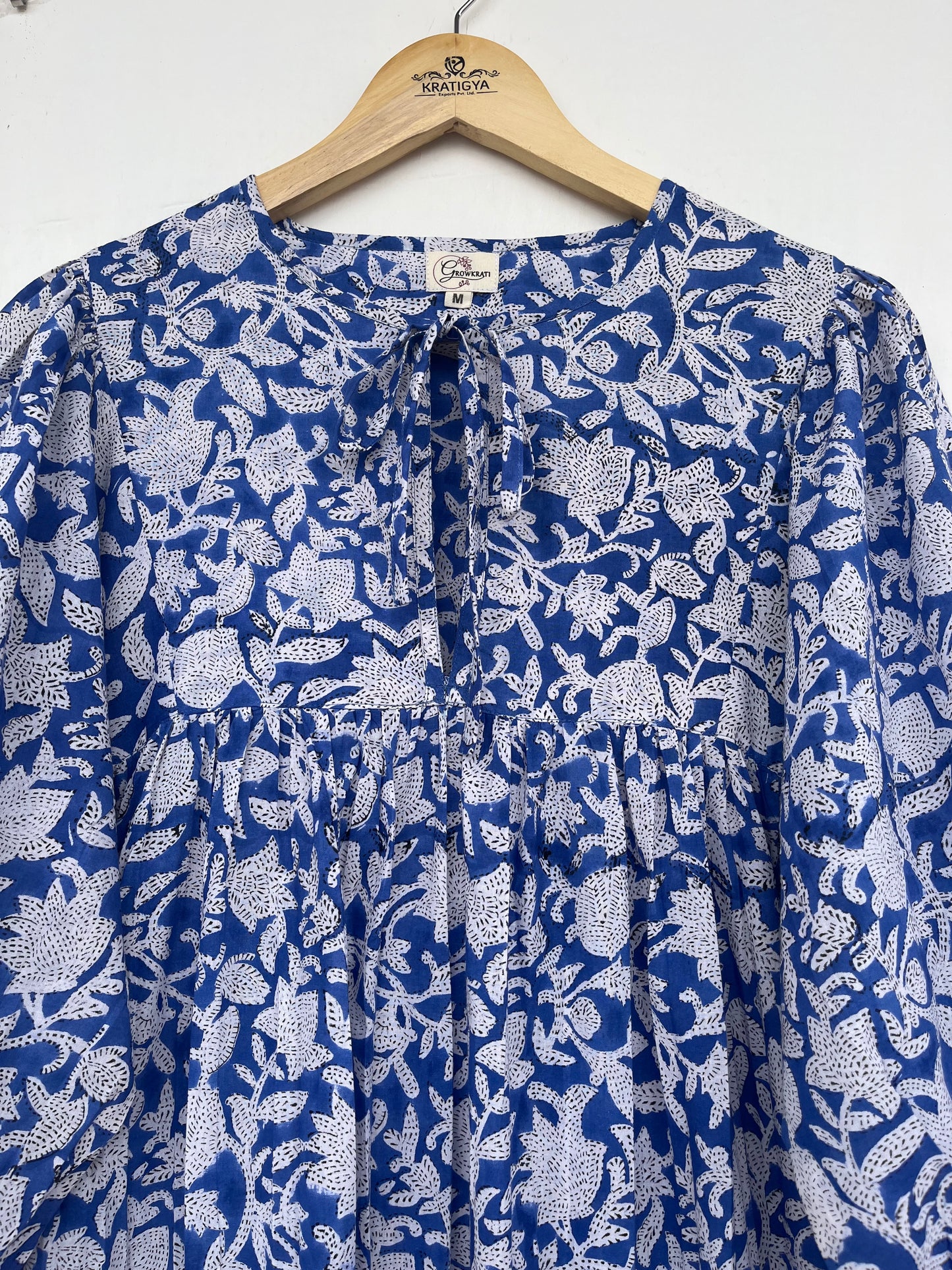 Tie-Neck Relaxed Fit Casual Summer Dress - Blue Floral Long Maxi Dress
