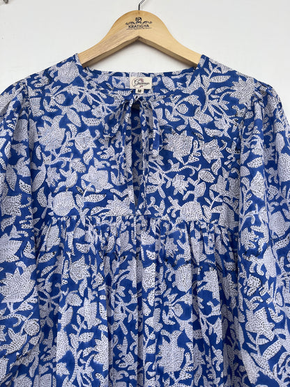 Tie-Neck Relaxed Fit Casual Summer Dress - Blue Floral Long Maxi Dress