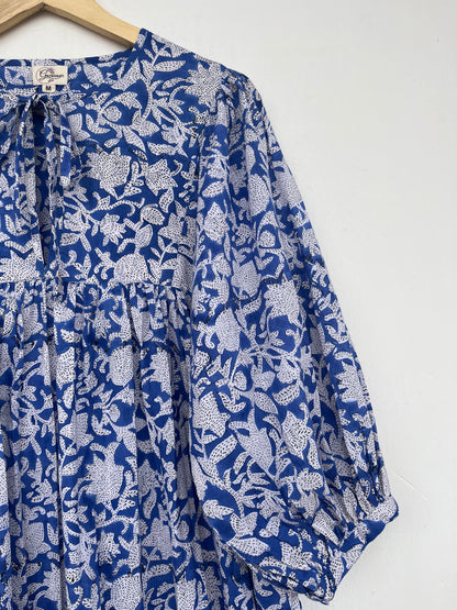 Tie-Neck Relaxed Fit Casual Summer Dress - Blue Floral Long Maxi Dress