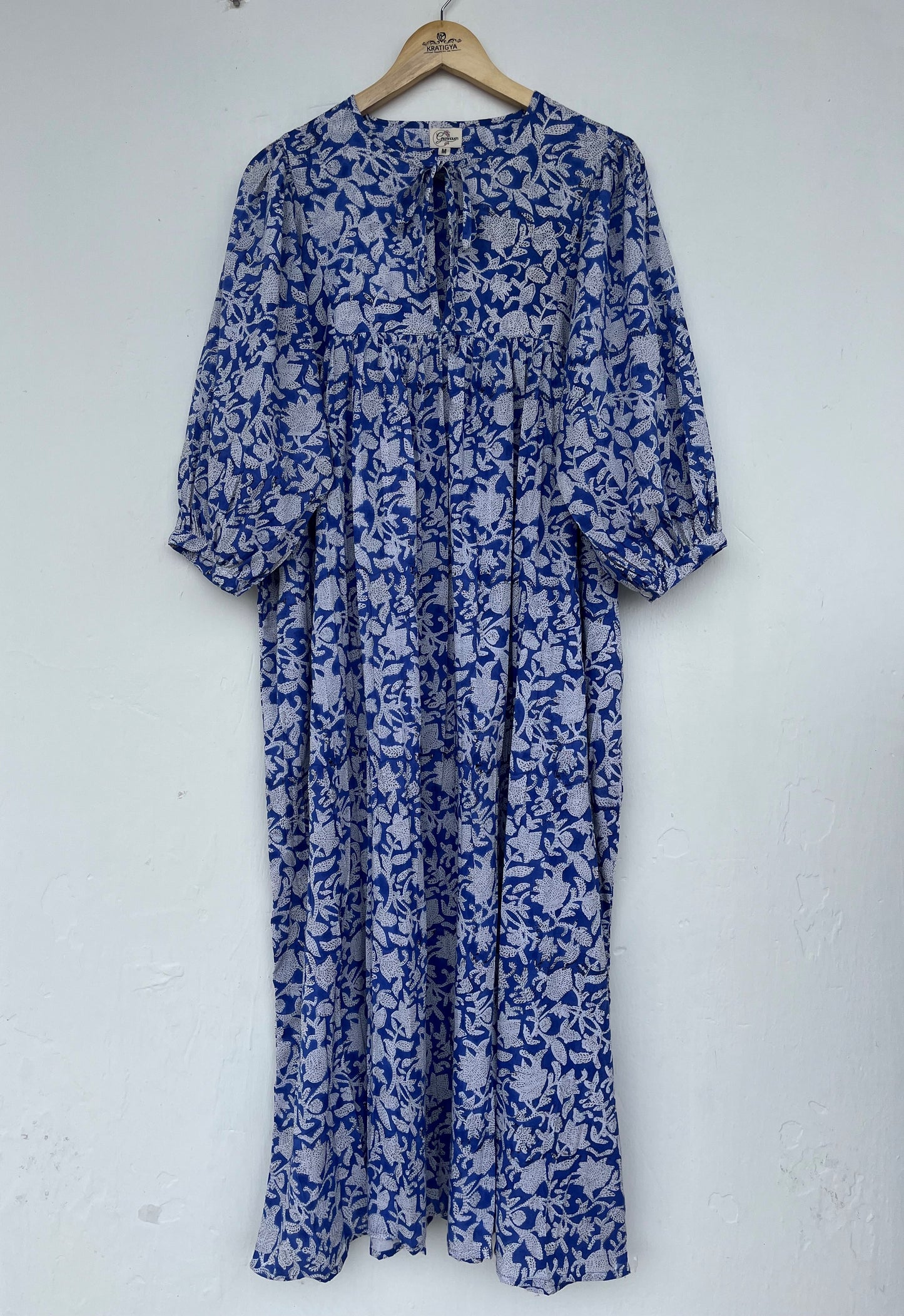 Tie-Neck Relaxed Fit Casual Summer Dress - Blue Floral Long Maxi Dress