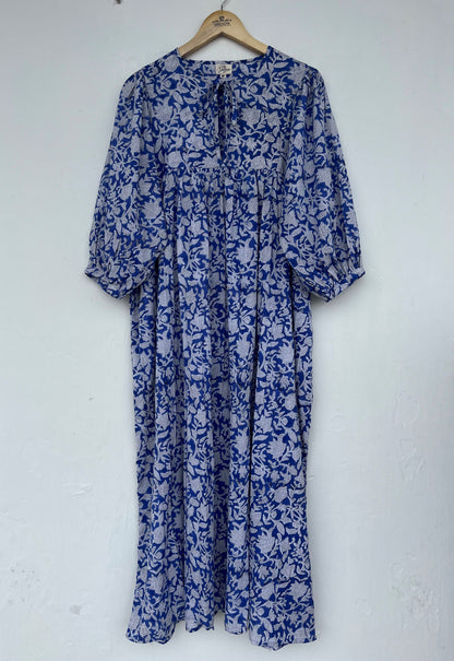 Tie-Neck Relaxed Fit Casual Summer Dress - Blue Floral Long Maxi Dress