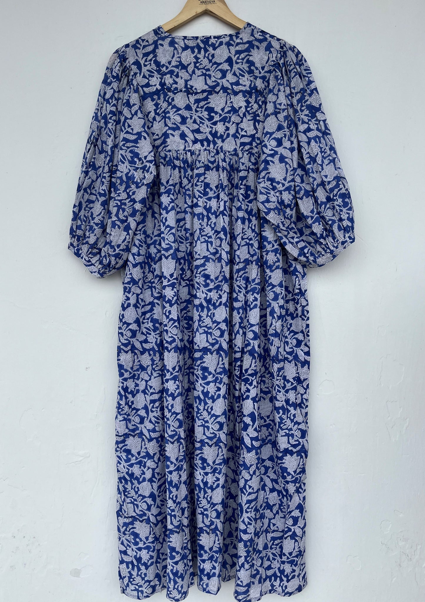 Tie-Neck Relaxed Fit Casual Summer Dress - Blue Floral Long Maxi Dress