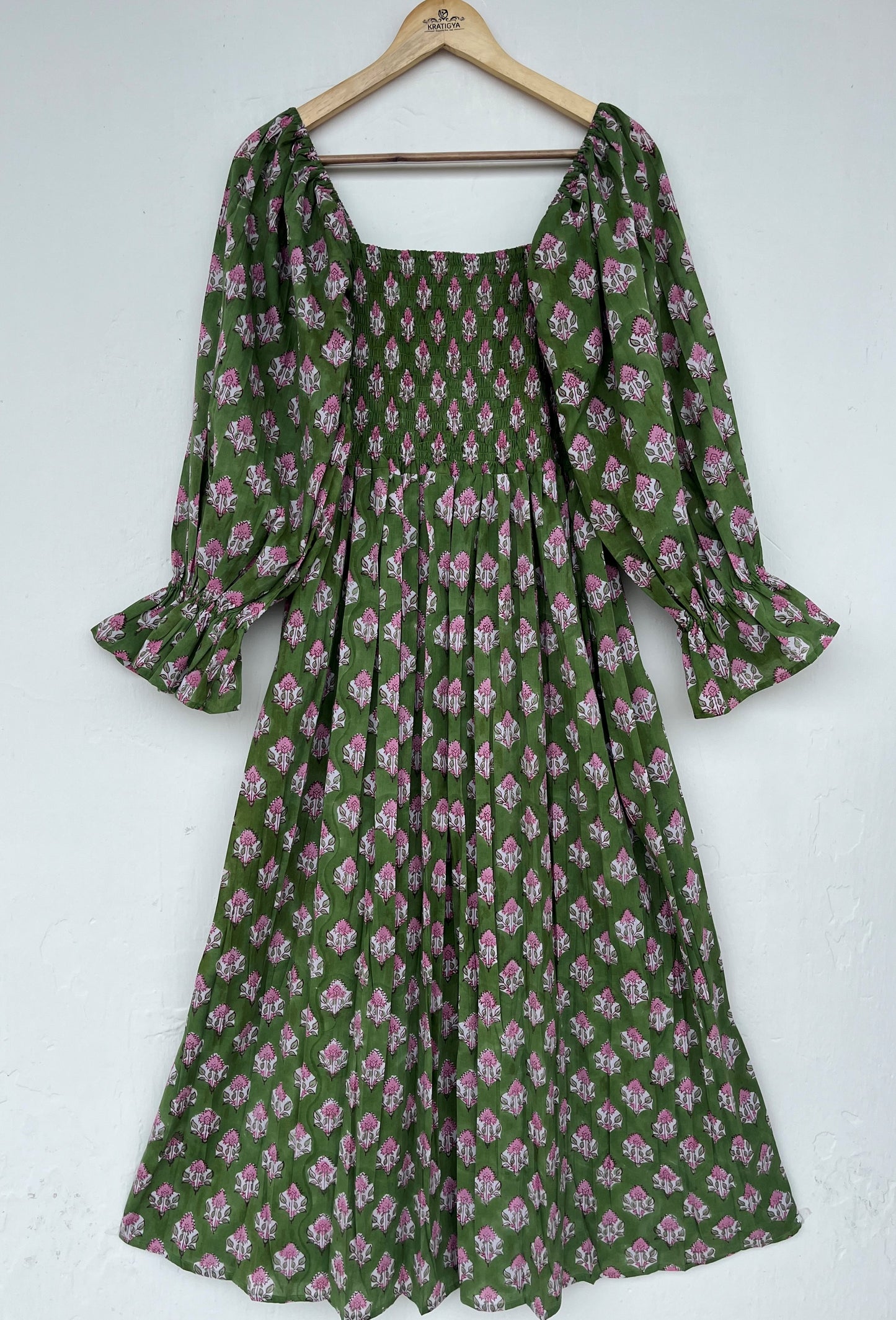 Green Floral Boho Summer Cotton Dress - Loose Fit Partywear Dress