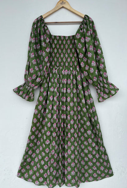 Green Floral Boho Summer Cotton Dress - Loose Fit Partywear Dress