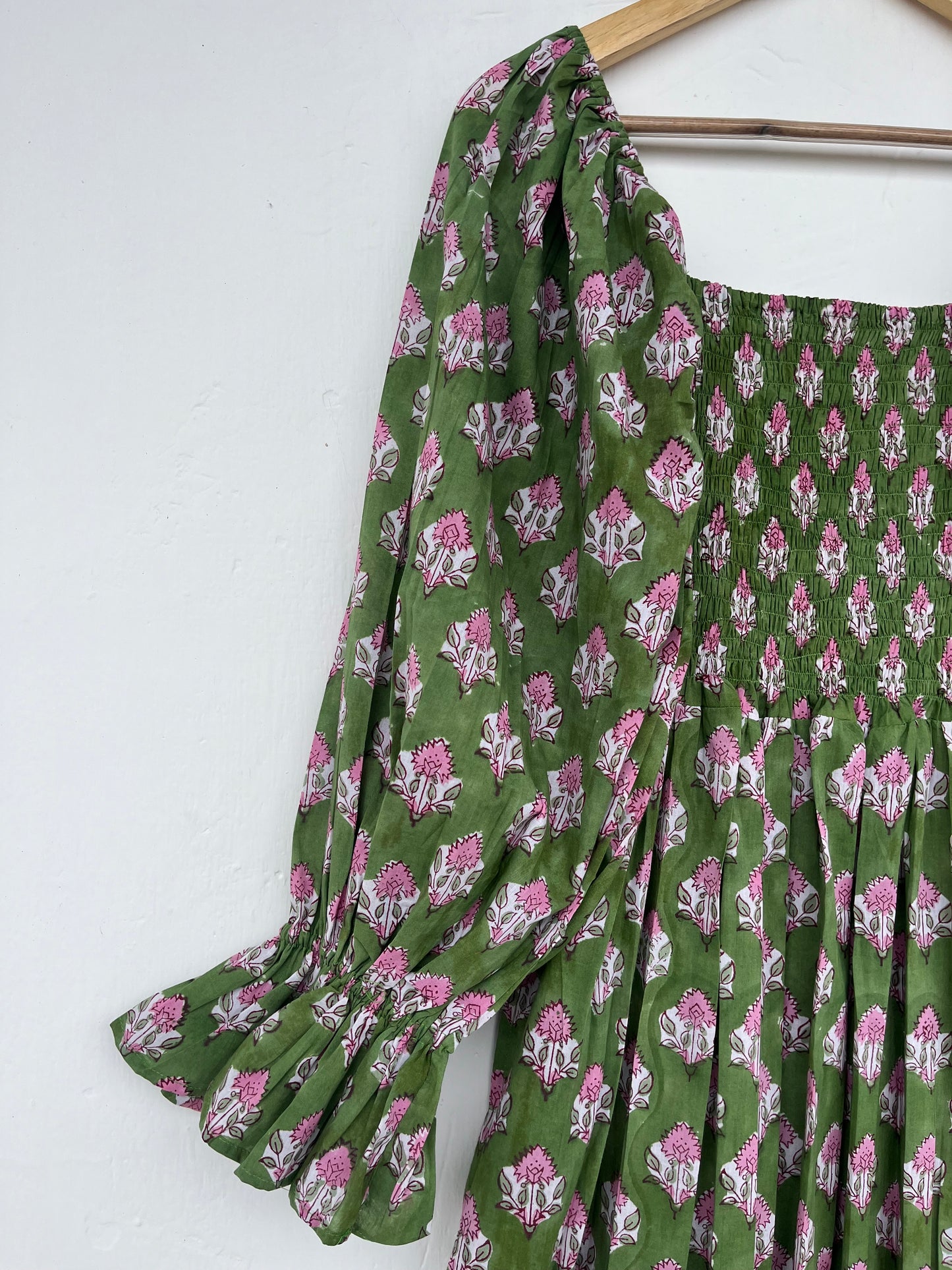 Green Floral Boho Summer Cotton Dress - Loose Fit Partywear Dress