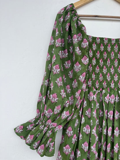 Green Floral Boho Summer Cotton Dress - Loose Fit Partywear Dress