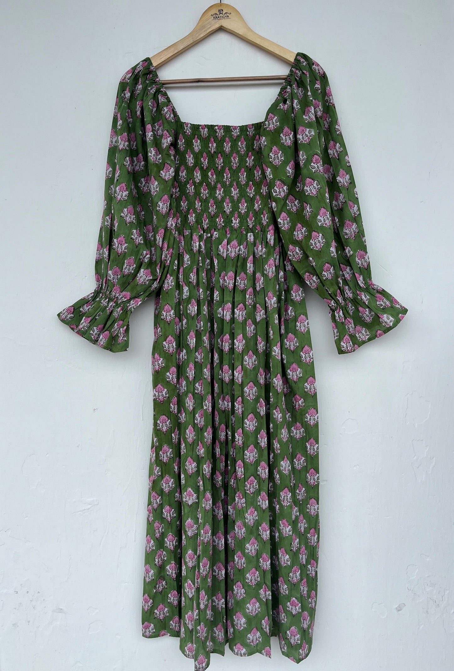 Green Floral Boho Summer Cotton Dress - Loose Fit Partywear Dress