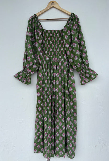 Green Floral Boho Summer Cotton Dress - Loose Fit Partywear Dress