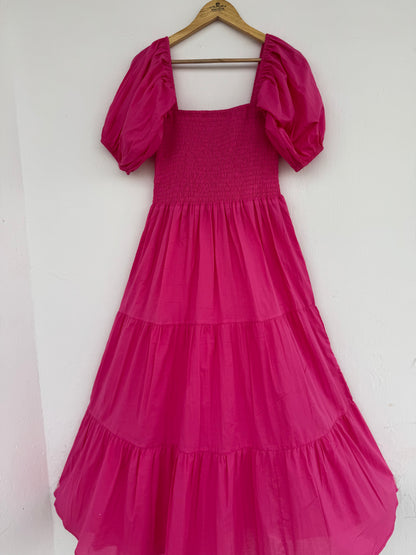 Hot Pink Summer Cotton Tiered Boho Maxi Dress