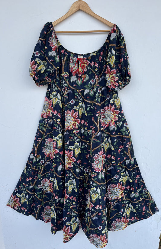 Blue Floral Picnic Holiday Long Cotton Dress | Comfort Fit Summer Maxi