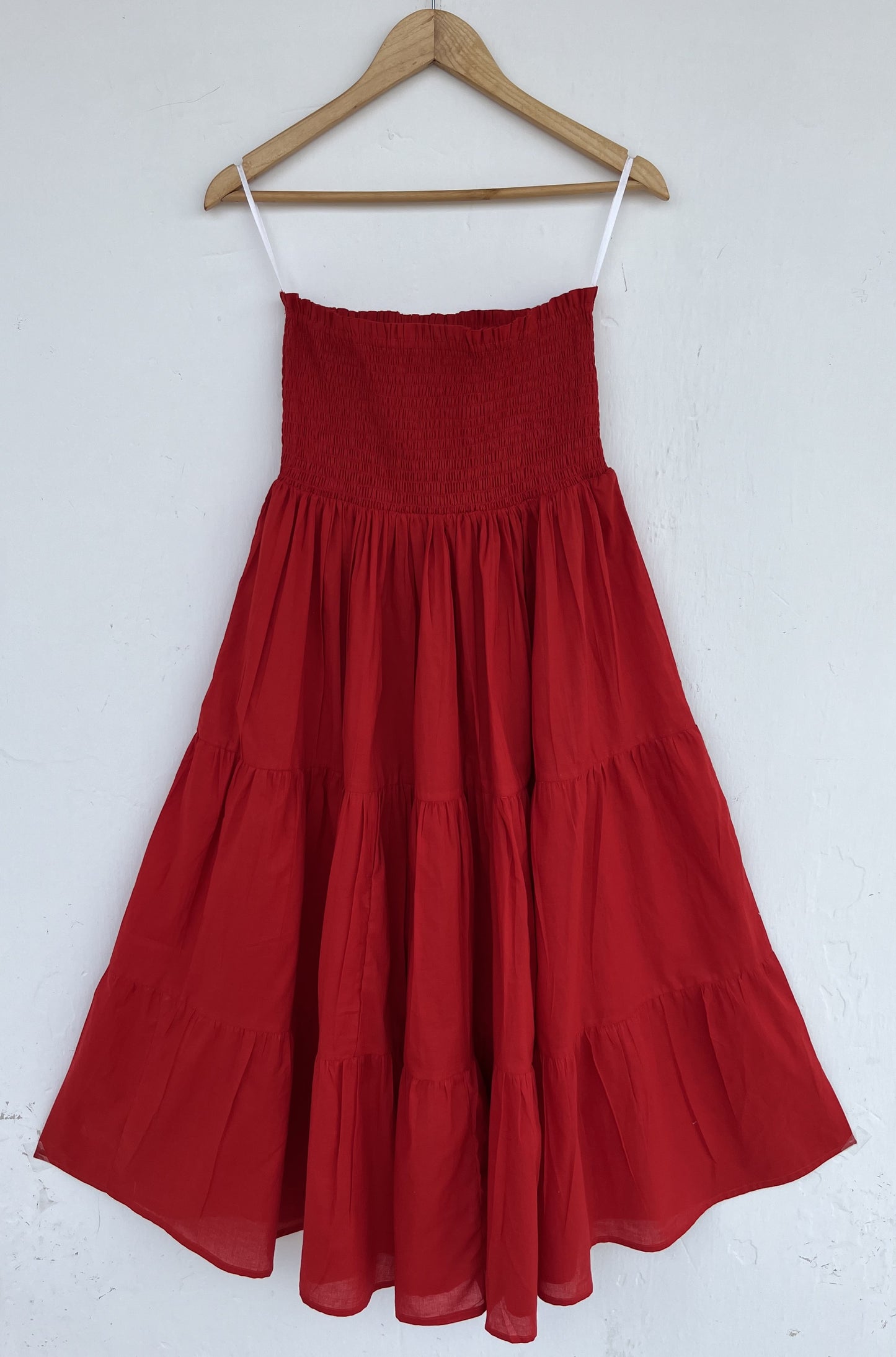 Shirred Cotton Red Maxi Skirt | A Line Flowy Gypsy Skirt | Minimalist Summer Dress