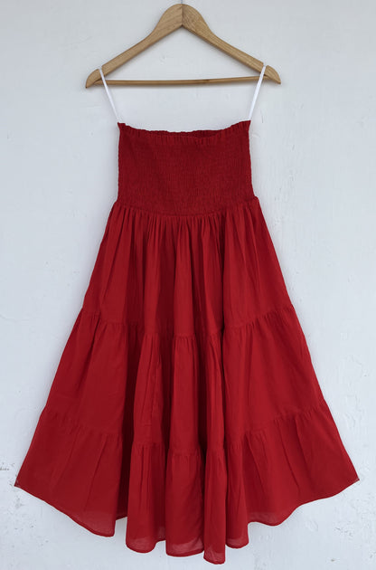 Shirred Cotton Red Maxi Skirt | A Line Flowy Gypsy Skirt | Minimalist Summer Dress