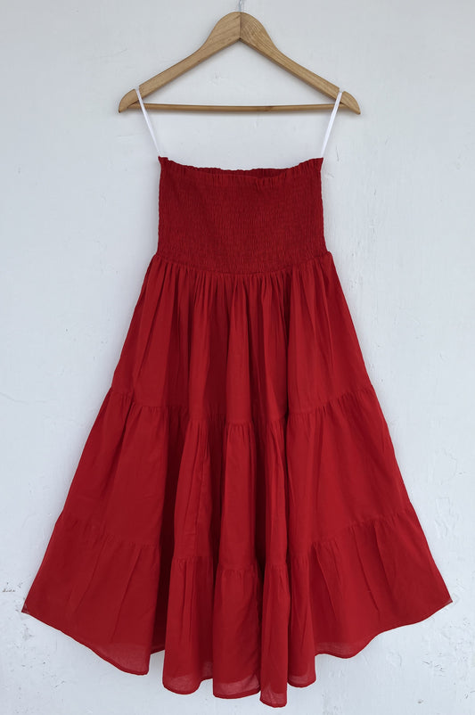 Shirred Cotton Red Maxi Skirt | A Line Flowy Gypsy Skirt | Minimalist Summer Dress