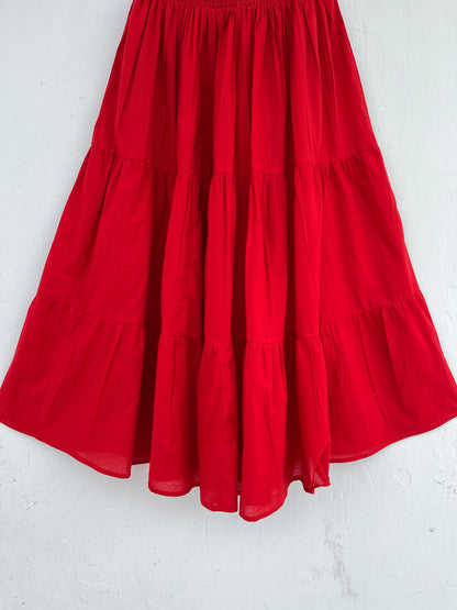 Shirred Cotton Red Maxi Skirt | A Line Flowy Gypsy Skirt | Minimalist Summer Dress
