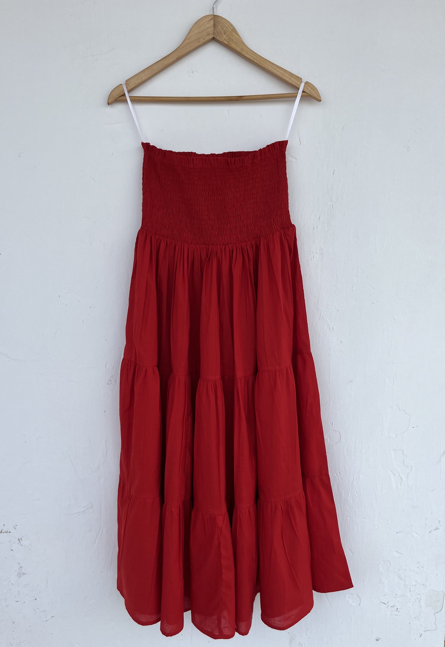 Shirred Cotton Red Maxi Skirt | A Line Flowy Gypsy Skirt | Minimalist Summer Dress