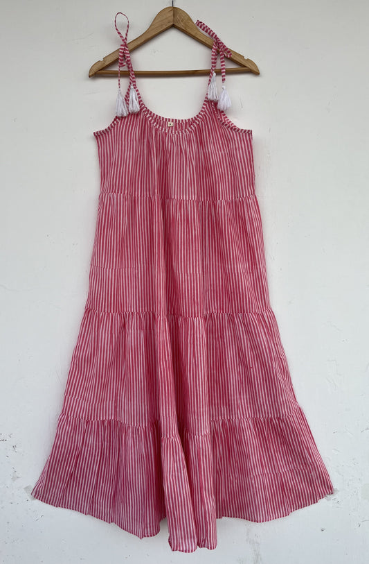 Pink Striped Beach Vacation Dress | Tie Strap Flowy Long Cotton Dress | Bohemian Outfit