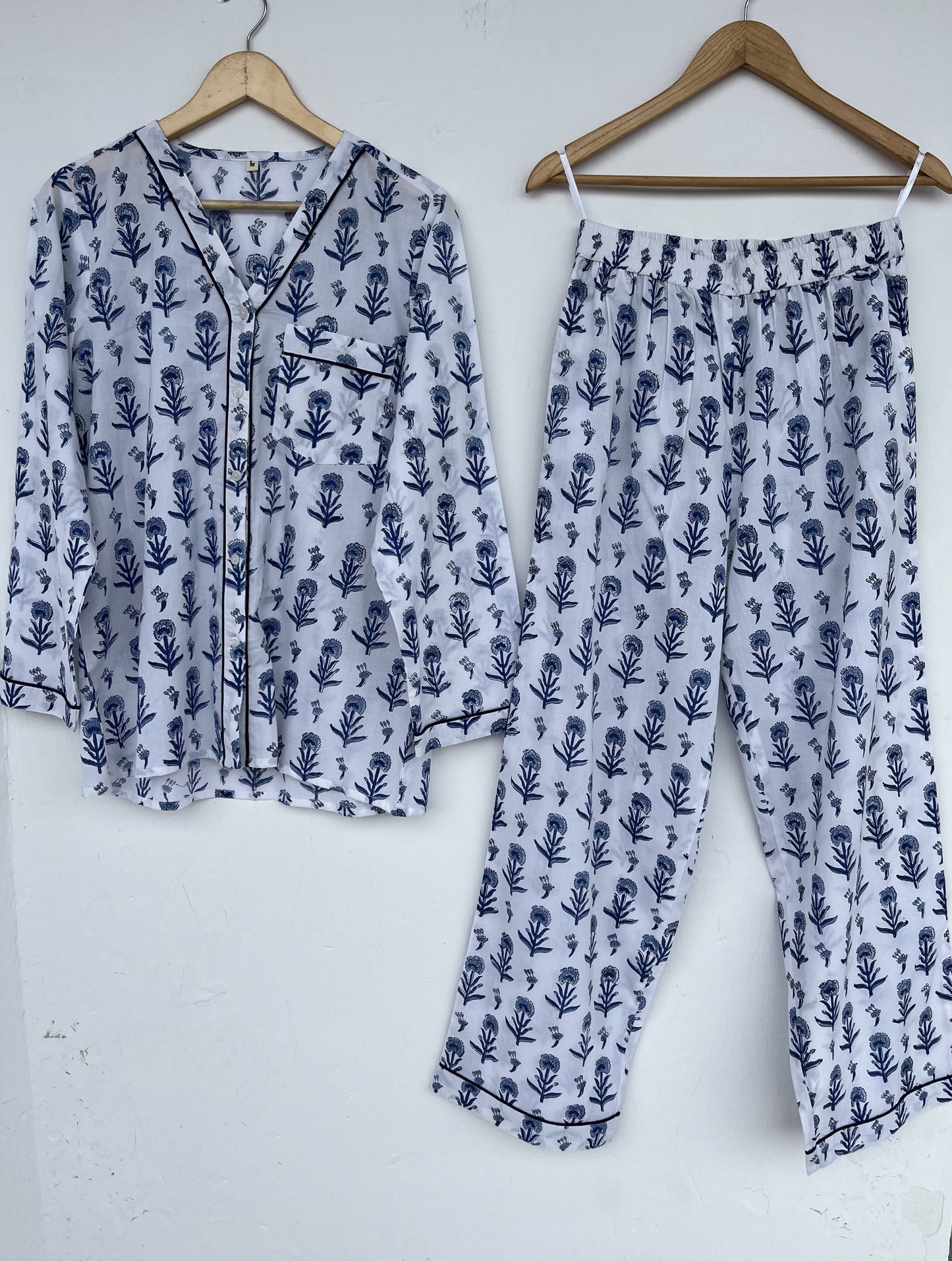 Blue White Floral Women Nightwear | Ladies Cotton Co-Ord Set | Summer Pajama Set