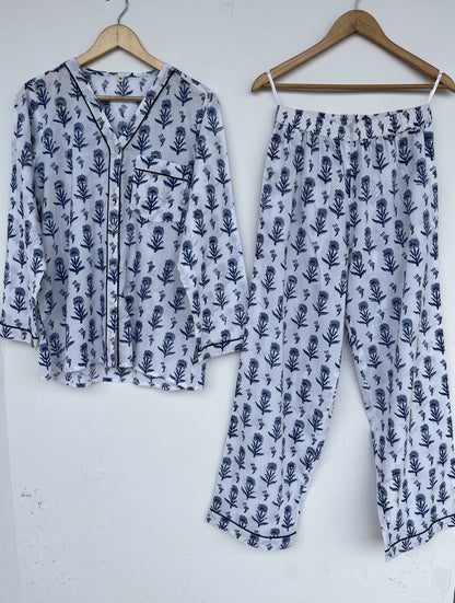 Blue White Floral Women Nightwear | Ladies Cotton Co-Ord Set | Summer Pajama Set
