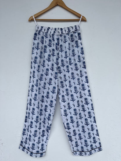 Blue White Floral Women Nightwear | Ladies Cotton Co-Ord Set | Summer Pajama Set