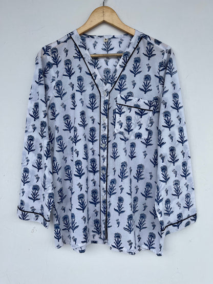 Blue White Floral Women Nightwear | Ladies Cotton Co-Ord Set | Summer Pajama Set