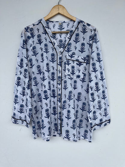 Blue White Floral Women Nightwear | Ladies Cotton Co-Ord Set | Summer Pajama Set