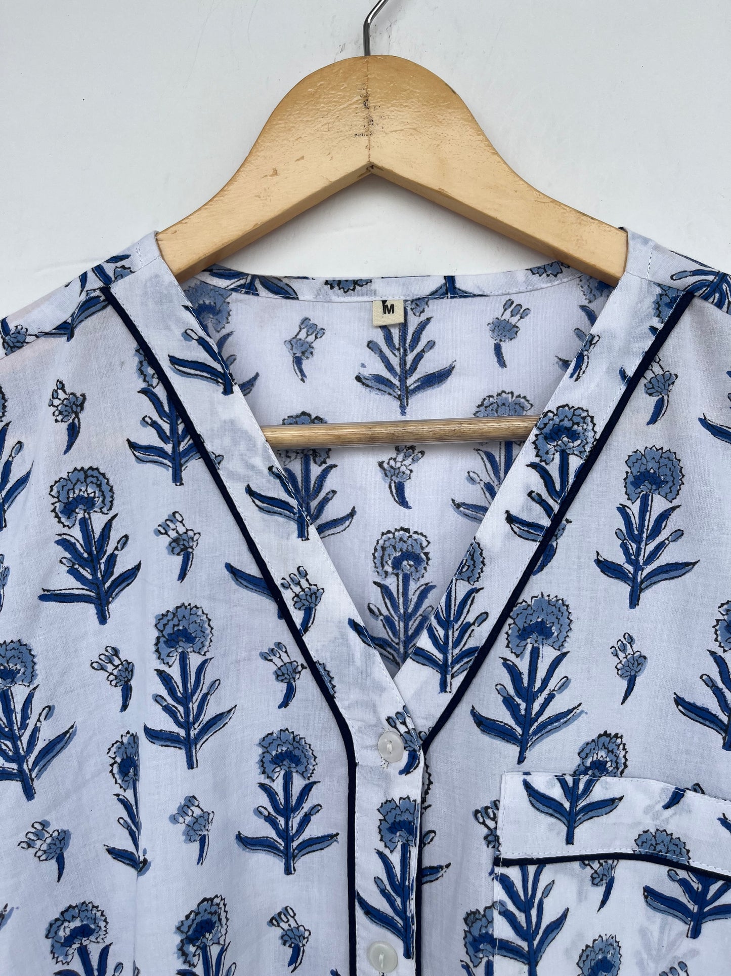 Blue White Floral Women Nightwear | Ladies Cotton Co-Ord Set | Summer Pajama Set