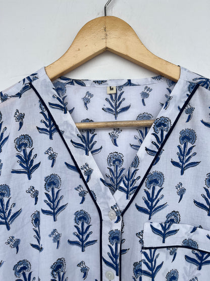 Blue White Floral Women Nightwear | Ladies Cotton Co-Ord Set | Summer Pajama Set