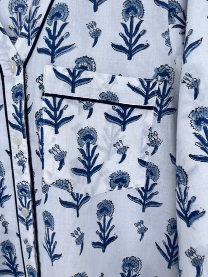 Blue White Floral Women Nightwear | Ladies Cotton Co-Ord Set | Summer Pajama Set